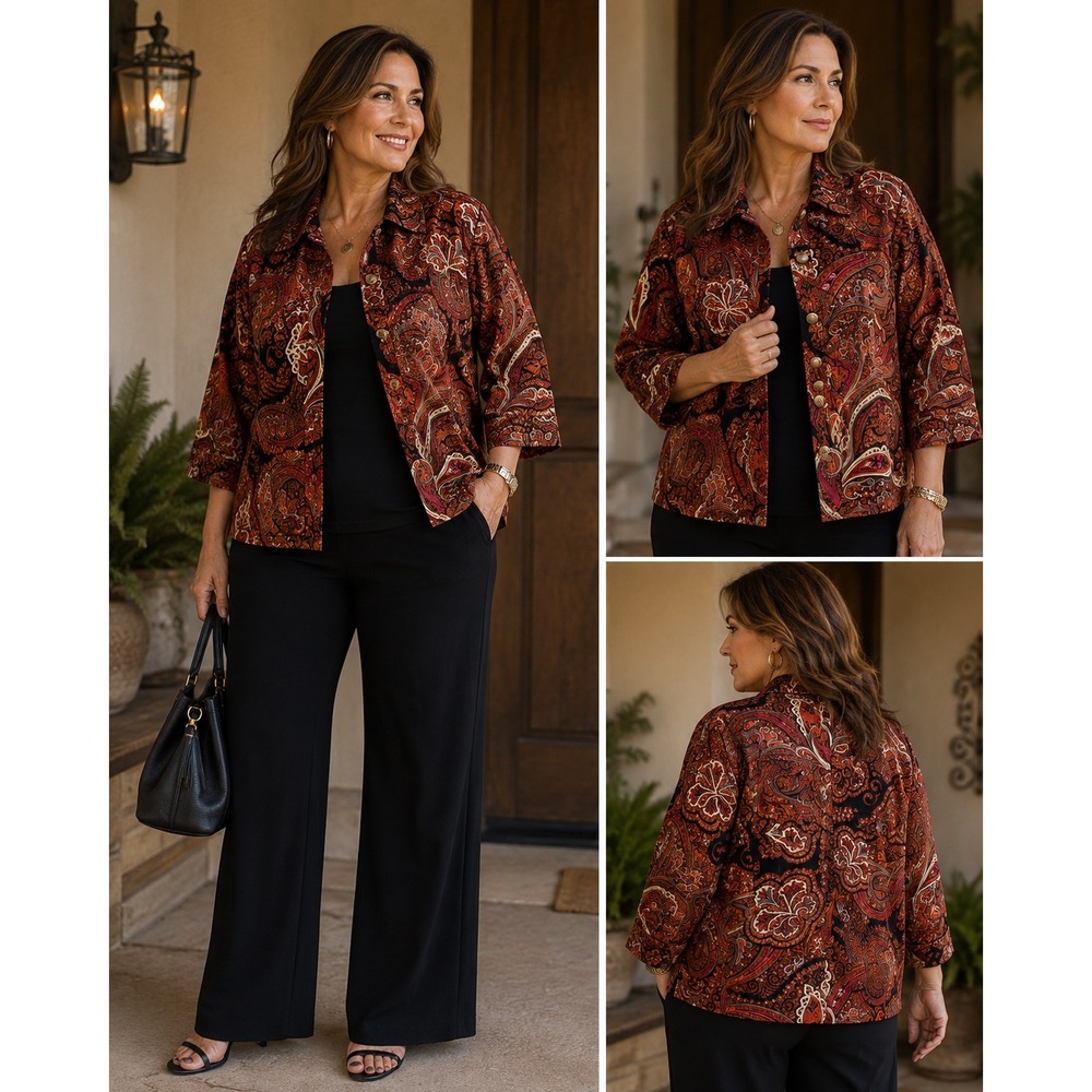 Patrick Christopher Womens Paisley Button Front Jacket Orange Red Boho Vintage L